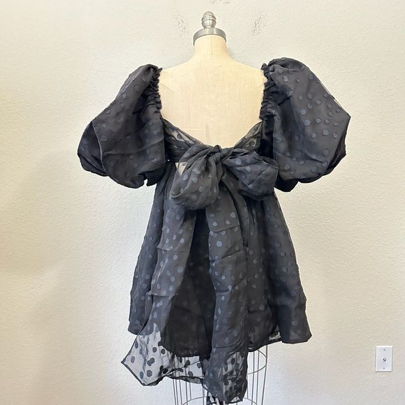 AJE La Piscine Mini Dres Blacks Puff Sleeve Bow Back Party Formal Goth NWT - Picture 2 of 16